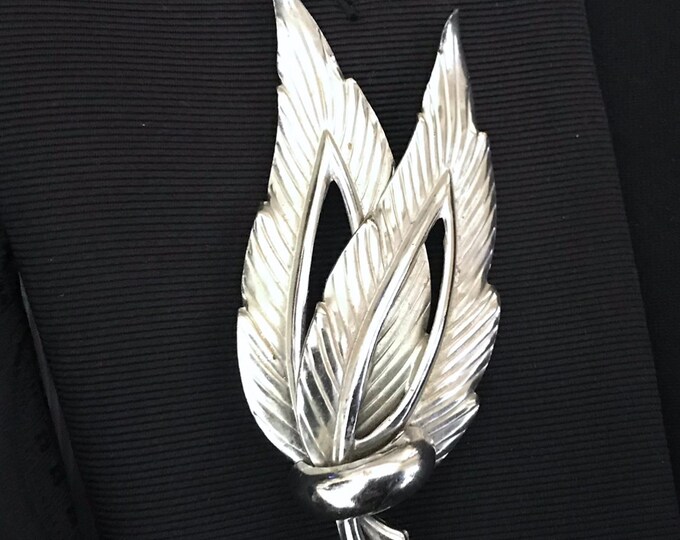 Silver-tone Brooch Pin, Feathers Leaves, Mid Century Modern Classic Gift