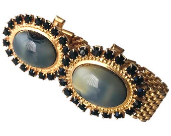 70s Fashion Vintage Cuff Links, GoldTone Wrap Chain, Milky Celestial Cabochon Center, Navy Rhinestones, Rare, Dapper Prom, Retro Groom Gift