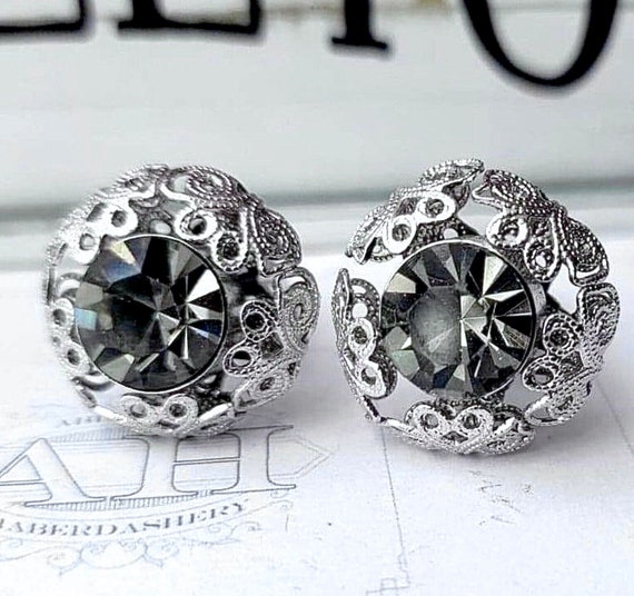 Ornate Mid Century Cufflinks, Round Gray Silverto… - image 1