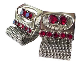 Red Crystal and Silver-tone Cufflinks, Vintage Cuff Links, Wrap Cufflinks, Mid Century Jewelry