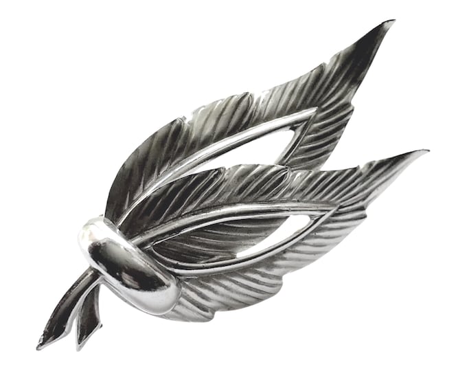 Silver-tone Brooch Pin, Feathers Leaves, Mid Century Modern Classic Gift