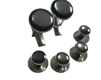 Vintage Silver-tone Gray Cufflink Stud Set, Shirt Button Stud Formalwear Set, Classic Design, Gray Round Enamel, Groom Event Tuxedo Accent