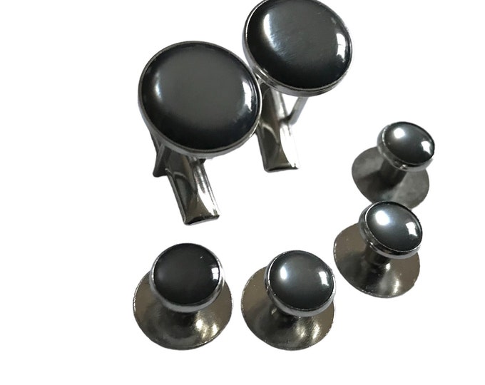 Vintage Silver-tone Gray Cufflink Stud Set, Shirt Button Stud Formalwear Set, Classic Design, Gray Round Enamel, Groom Event Tuxedo Accent