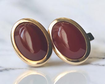 Vintage Gold-tone Cufflinks, Small Swank Mid Century Gold Filled Cuff Links, Dark Rust Colored Oval Cabochon, Classic Gentleman Essential