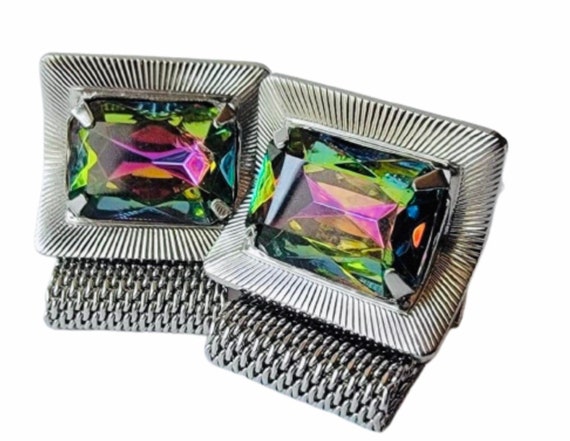 Vintage Emerald Cut Glass Cufflinks: Silvertone M… - image 1
