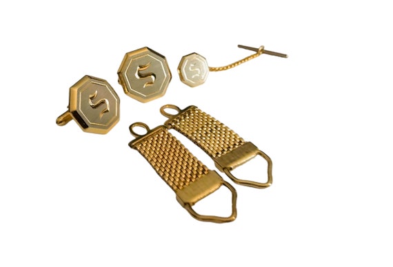 Monogram Cuff Links Tie Pin Set, Vintage Wrap Cha… - image 9