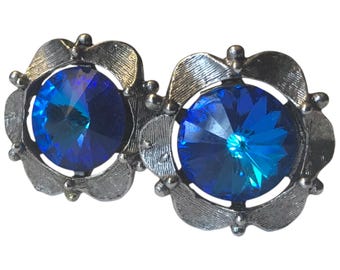 Enchanted Blue Vintage Cuff Links, Silver Tone Scalloped Edge Framed Round Cufflinks, Bright Blue Rivoli Crystal, Mid Century Jewelry