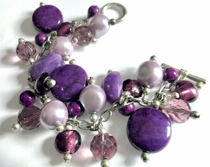 Beautiful Purple Unique Hand Made Dangling Beaded Bracelet, Silver-tone Amethyst, Lavender Violet Colors