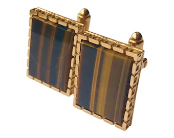 Tigers Eye Vintage Cufflinks, Gold-tone, Classic Design, Detailed Edge Frame, Mid Century Modern Cuff Links, Men's Fashion, Retro Event Wear