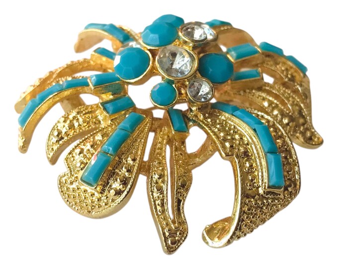 Vintage Brooch Pin Goldtone Clear and Aqua Blue, Floral Motif Retro Pin Aqua Blue Beads and White Rhinestones, 80s Hat Lapel Scarf Pin