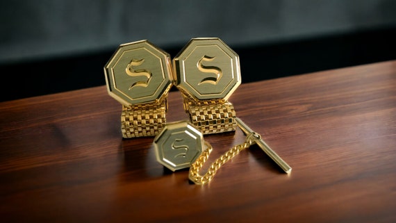 Monogram Cuff Links Tie Pin Set, Vintage Wrap Cha… - image 3