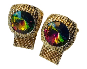 Vintage Cuff Links, Wrap Chain, Rainbow Watermelon Spectrum Multifaceted Center Stone, Mid Century Classic Bling Cufflinks