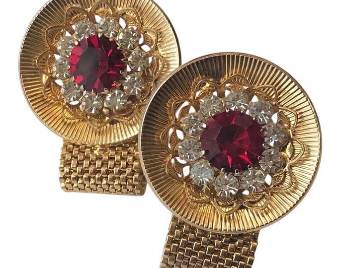 Vintage Cuff Links, Elegant Classic Design, Gold-tone Wrap Chain, Red Glass Multifaceted Center, Clear Rhinestones, Mid Century Groom Gift