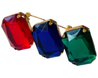 Jewel Colors Vintage Brooch Pin, Goldtone Base Large Red, Blue, Green Rectangle Emerald Cut Stones, Safety Clasp, Scarf Lapel Hat Accessory