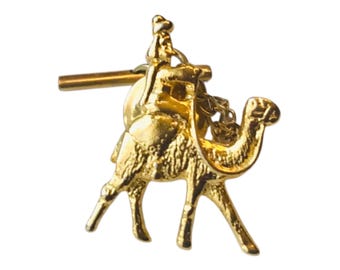 Vintage Pin: Lapel or Hat Pin, Bedouin Egyptian Desert and Camel Motif, Gold-Tone, Detailed Raised Design, Polished Shiny Finish