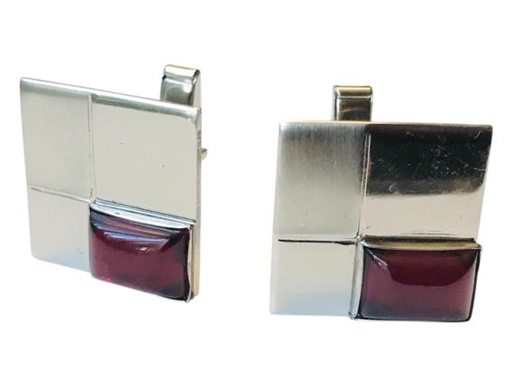 Mid-Century Modern Cufflinks: Silver Tone & Red L… - image 5