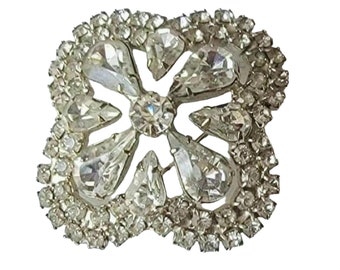 Rhinestone Brooch Vintage Brooch Pin, Clear Rhinestones, Four Leaf Clover, Mid Century Jewelry