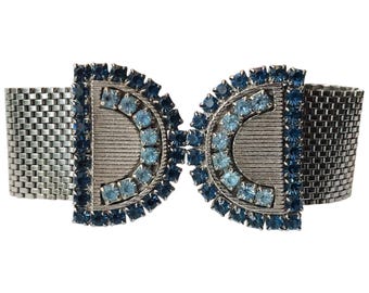 Silvertone Vintage Cufflinks, Feature Wrap Chain Blue Rhinestones, Half Moon Deco Minimalist Fan Design