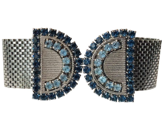 Silvertone Vintage Cufflinks, Feature Wrap Chain Blue Rhinestones, Half Moon Deco Minimalist Fan Design