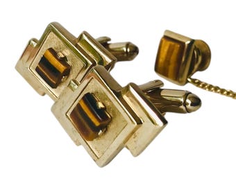 Tigers Eye Vintage Cufflink Tie Pin Set, Mid Century Modern Gold Tone Brown, Stacked Squares Design, Groom Gift Cufflinks, Retro Prom Wear