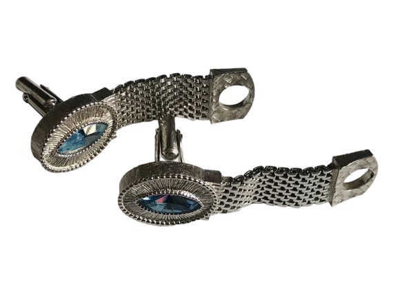 Vintage Cufflinks, Artic Blue Glass Cat Eye Stone… - image 6