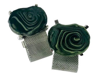 Vintage Jasper Green, Silver-tone Wrap Cufflinks, Shades if Green, Retro Swag, Formalwear, Vintage Cufflinks
