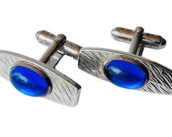 Classic 1950s Cufflinks, Mid Century Modern Minimalist Cufflinks, Atomic Mod Design, Silvertone Blue Cuff Links