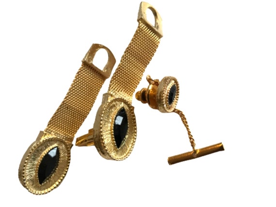 Vintage Goldtone Cufflink Tie Pin Set: Black Glas… - image 5