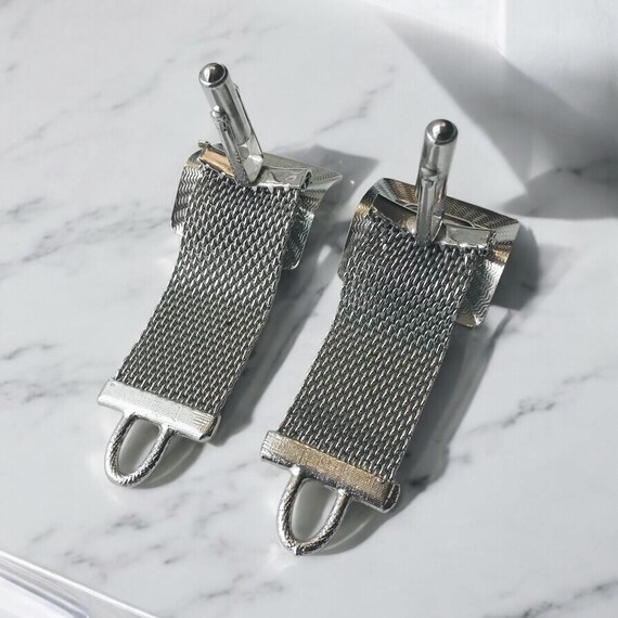 Vintage Emerald Cut Glass Cufflinks: Silvertone M… - image 6