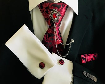 New Vintage Inspired Silk Red Black Paisley NeckTie Pocket Square, Cufflink Pin Set, Silvertone Lapel Pin Chain Red Stone Accent, Groom Wear