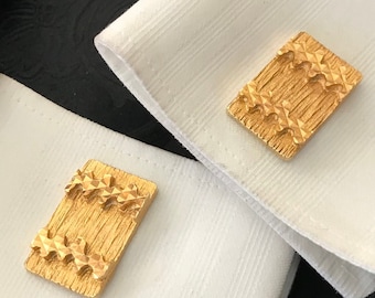 Stunning Bright Gold-tone Vintage Cufflinks, Retro Style, Rectangular Shape With Raised Pattern, Mid Century Modern Menswear Essentials,