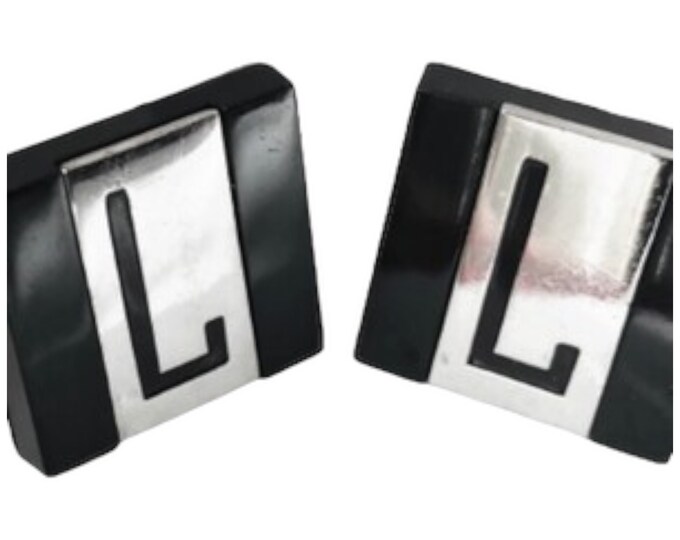 L Monogram Square Black and Silvertone Vintage Cufflinks by SWANK, Retro Formal Menswear, Silver Black Retro Cuff Links