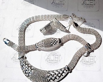 Pavé Rhinestone Silver-tone Necklace, Bracelet, Earrings Set, New Never Worn, Rich Chain Pattern Classic Modern Design, Work to Formal