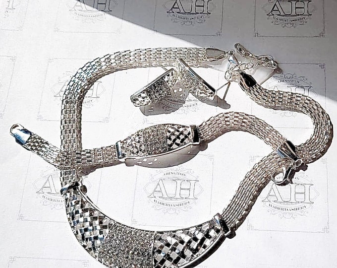 Pavé Rhinestone Silver-tone Necklace, Bracelet, Earrings Set, New Never Worn, Rich Chain Pattern Classic Modern Design, Work to Formal
