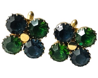 Kelly Green, Navy Blue, Vintage Cufflinks, Mid Century Rhinestone Formal Jewelry