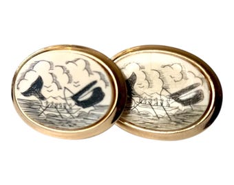 Vintage Whale Cufflinks: Whaling Boat with Fishermen Whale at Sea, Oval Shaped Faux Scrimshaw Intaglio Design, Nautical Sportsman Theme