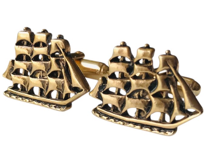 Vintage Ship Cufflinks: Aged Gold-Tone Sailing Galleon, Mid-Century Nautical Gift