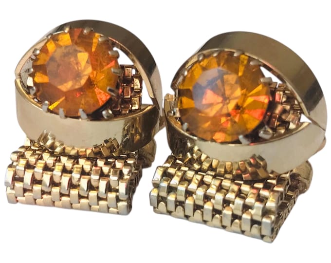 Mod Vintage Cuff Links, Gold-tone Retro CuffLinks, Wrap Chain, Dark Gold Stone, Mens Formalwear Gift