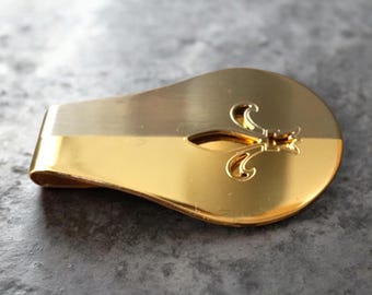 Gold Tone Vintage Money Clip, Fleur De Lis French Royal Insignia, Duo Tone Shiny Polished Gold Tone and Matte Brushed Silver Tone Finish
