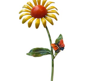 Retro 60s Metal Flower Power Pin, Enameled Colorful Floral Brooch, Cheerful Orange and Yellow Gerber Daisy Pin, Mid Century Accent