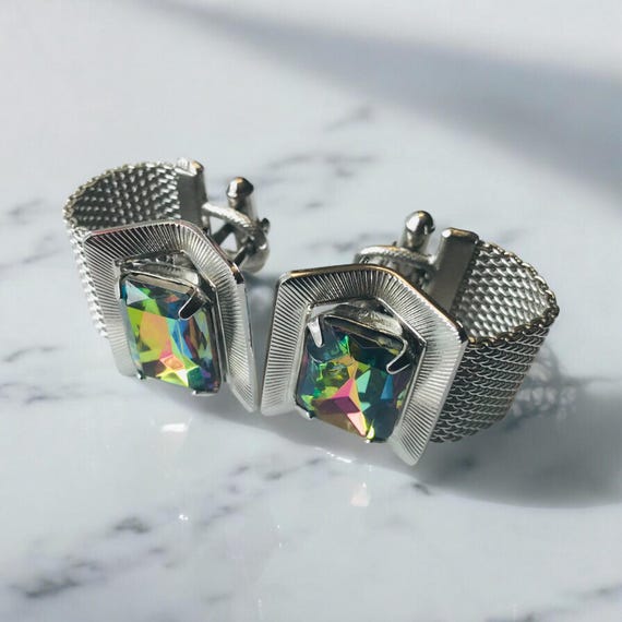 Vintage Emerald Cut Glass Cufflinks: Silvertone M… - image 9