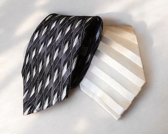 Pierre Cardin Handsome Fine Vintage Silk Neckties, Black Geometric Print Tie and Off-White Striped Tie, Essential Menswear Gift, Luxury Ties