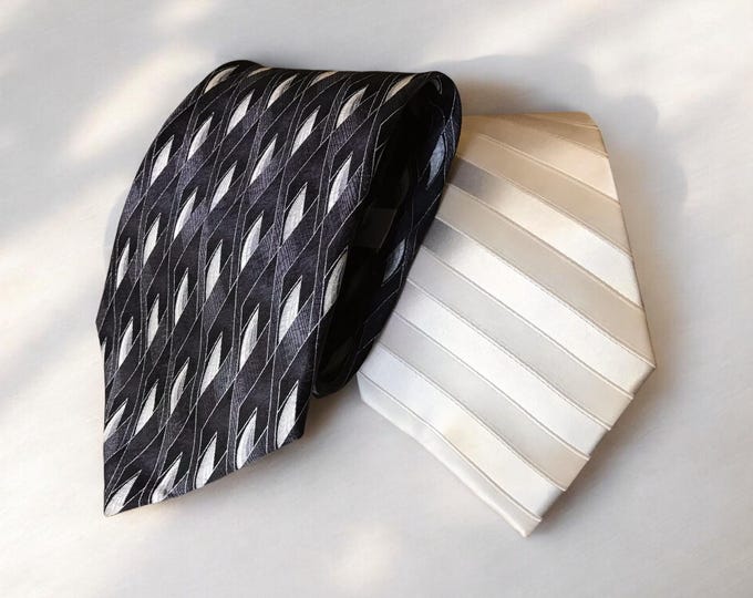 Pierre Cardin Handsome Fine Vintage Silk Neckties, Black Geometric Print Tie and Off-White Striped Tie, Essential Menswear Gift, Luxury Ties