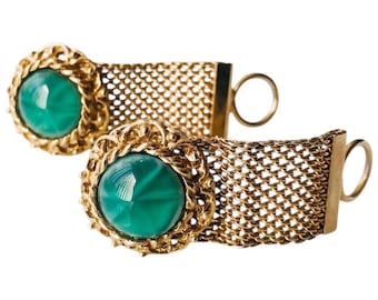 Green Vintage Cabochon Cuff Links, GoldTone Wrap Retro Mid Century Cufflinks, 1st Class Fashion, Prom Wedding Groom 60s 70s Formalwear Gift
