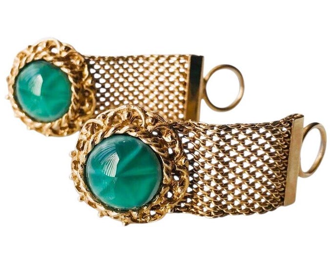 Green Vintage Cabochon Cuff Links, GoldTone Wrap Retro Mid Century Cufflinks, 1st Class Fashion, Prom Wedding Groom 60s 70s Formalwear Gift