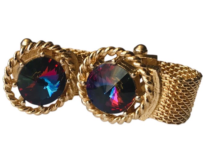 Retro Goldtone Cufflinks: Swank Mid Century Vintage Rivoli Wrap Cuff Links, Watermelon Magenta Multicolored, Fairytale Gatsby Swag