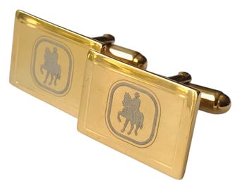Retro Cuff Links, Bright Yellow Gold-tone Vintage Mid Century Cufflinks, Striking Shadowy Overlay Image of Man Horseback Equestrian Gift