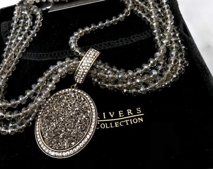 Joan Rivers Vintage Sparkling Glass Bead Necklace, Collectible Elegant Beaded Necklace with Shimmering Medallion Surrounded by Rhinestones