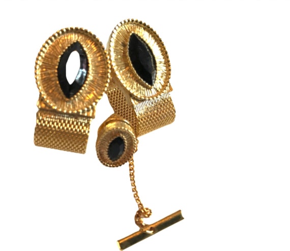 Vintage Goldtone Cufflink Tie Pin Set: Black Glas… - image 1