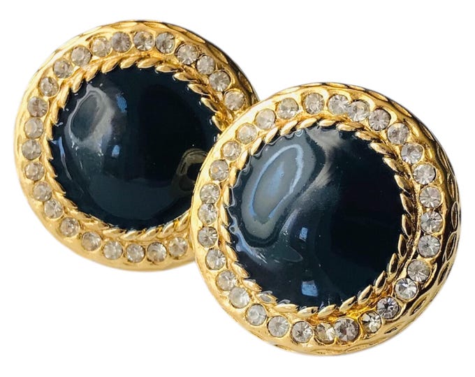 Gold-tone Mid Century Black Enamel Round Vintage Cufflinks with Rhinestones Gorgeous for your Formal Tuxedo